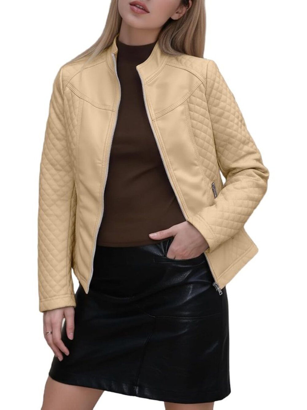Women's Khaki Casual Jacket Faux Leather Stand Collar Lightweight Bomber Jackets